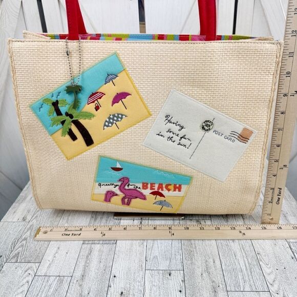 Fossil Forever Faux Straw Beach Vacation Tote Shoulder Bag Large Cream Red - Picture 11 of 12